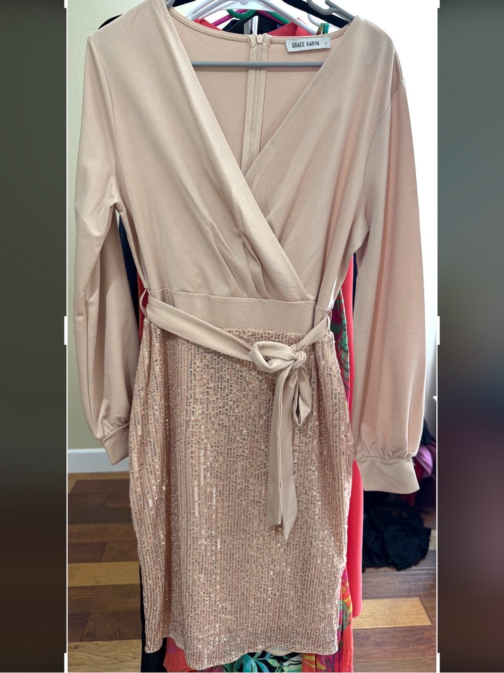 Grace Karin Blush Sequin Wrap Long Sleeve Dress